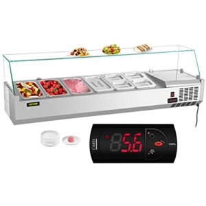 vevor refrigerated condiment prep station, 60-inch, 16.8qt sandwich prep table w/ 4 1/3 pans & 4 1/6 pans, 146w salad bar w/ 304 stainless body tempered glass shield digital temp display auto defrost