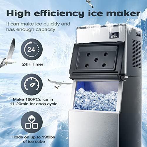 Antarctic Star Commercial Ice Maker Machine Freezer Large Storage 352lbs/24H 40 Square Ice Cubes in 20 Minutes Ice Scoop Water Inlet Pipe Draining Pipe 24-Hour Timer Self-Cleaning for Bar Restaurant…