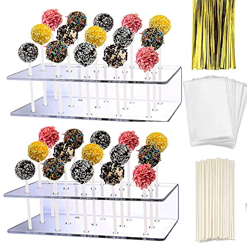 Faitoger 2 PCS Acrylic Lollipop Stand Display Holder 100PCS Lollipop Sticks 100PCS Clear Treats Bags and 100PCS Gold Metallic Twist Ties for Candy Cake Pop Making Tools