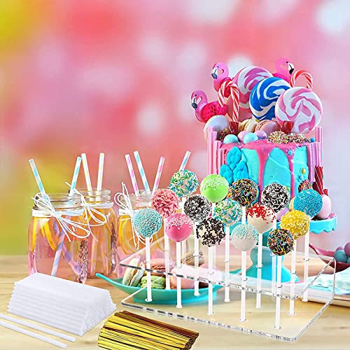 Faitoger 2 PCS Acrylic Lollipop Stand Display Holder 100PCS Lollipop Sticks 100PCS Clear Treats Bags and 100PCS Gold Metallic Twist Ties for Candy Cake Pop Making Tools