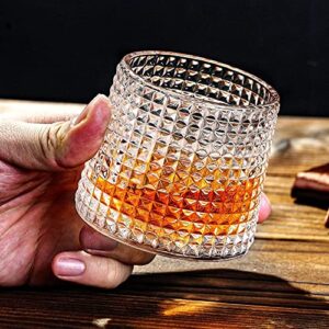 JEKMOS Rotatable Whiskey Glasses Set of 2 Old Fashioned Rocks Glasses with Coasters 6.2OZ Crystal Spinning Viski Tasting Glasses for Drinking Cups Gifts for Men