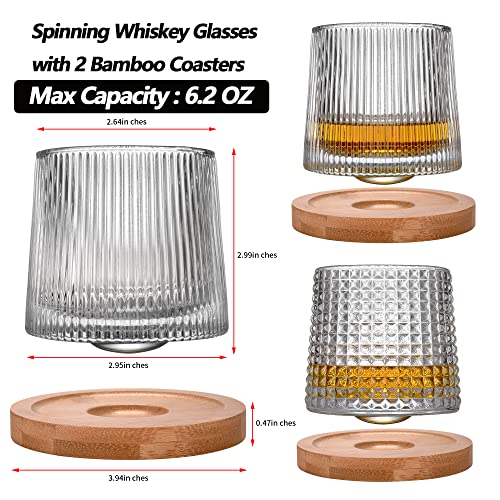 JEKMOS Rotatable Whiskey Glasses Set of 2 Old Fashioned Rocks Glasses with Coasters 6.2OZ Crystal Spinning Viski Tasting Glasses for Drinking Cups Gifts for Men