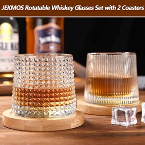 JEKMOS Rotatable Whiskey Glasses Set of 2 Old Fashioned Rocks Glasses with Coasters 6.2OZ Crystal Spinning Viski Tasting Glasses for Drinking Cups Gifts for Men