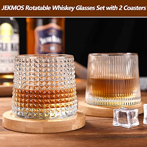 JEKMOS Rotatable Whiskey Glasses Set of 2 Old Fashioned Rocks Glasses with Coasters 6.2OZ Crystal Spinning Viski Tasting Glasses for Drinking Cups Gifts for Men