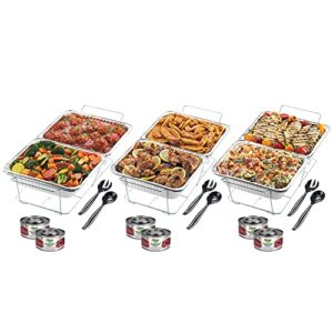 sterno party pack disposable aluminum chafing dish buffet set with green canned heat warmers, wire racks, foil pans, and serving utensils, 3 pack, silver