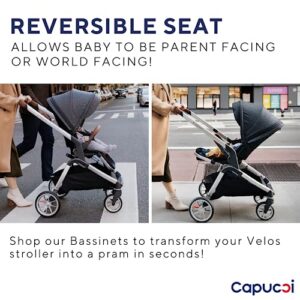 Capucci Velos Versatile Luxury Stroller, Patented Instant One-Button One-Action, Self Standing Fold, Full Size, Full-Feature Modular Baby Stroller w/Reversible Seat & Car Seat Adapters, Sea Foam