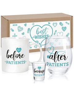 before patients after patients set nurses gifts 11 oz coffee mug 18 oz stemless wine glass 2 oz shot glass, for doctors hygienists dentist physician graduation birthday christmas gift idea
