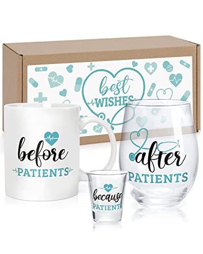 Before Patients After Patients Set Nurses Gifts 11 oz Coffee Mug 18 oz Stemless Wine Glass 2 oz Shot Glass, for Doctors Hygienists Dentist Physician Graduation Birthday Christmas Gift Idea