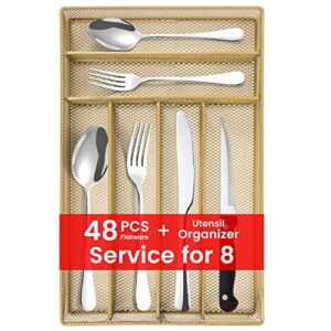 48 pieces silverware with orgainzer, kitware flatware service for 8, stainless steel utensil with metal tray, home & kitchen mirror polish cutlery, dishwasher safe