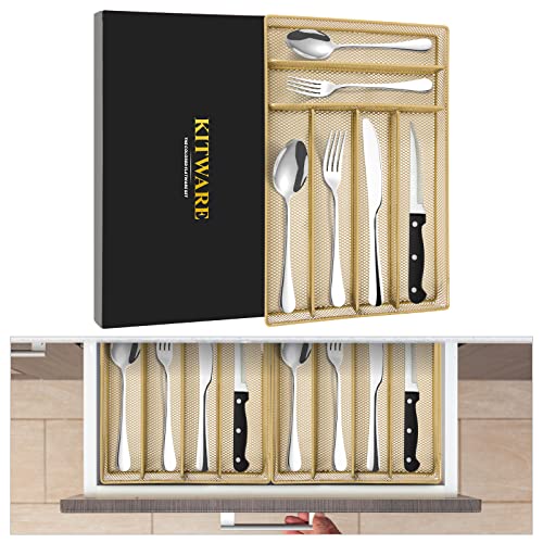 48 pieces Silverware with orgainzer, KITWARE Flatware Service for 8, Stainless Steel Utensil with metal tray, Home & Kitchen Mirror Polish Cutlery, Dishwasher Safe