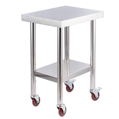 TECSPACE Stainless Steel Work Table with Wheels 24"x18", Commercial Heavy Duty Work Table with Under Shelf and Casters, Prep & Work Table for Home Kitchen Restaurant (24 x 18 x 34 Inch)