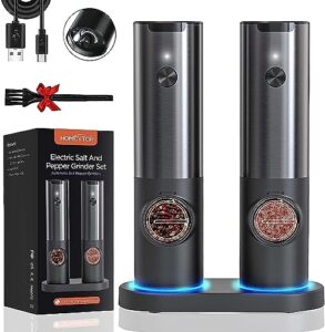 [2023 𝐔𝐩𝐠𝐫𝐚𝐝𝐞𝐝] electric salt and pepper grinder set rechargeable, no battery needed, one hand operation, automatic pepper mill refillable, stainless steel, adjustable coarseness, led light