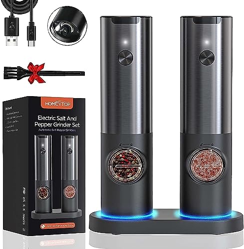 [2023 𝐔𝐩𝐠𝐫𝐚𝐝𝐞𝐝] Electric Salt and Pepper Grinder Set Rechargeable, No Battery Needed, One Hand Operation, Automatic Pepper Mill Refillable, Stainless Steel, Adjustable Coarseness, LED Light