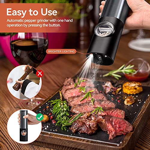 [2023 𝐔𝐩𝐠𝐫𝐚𝐝𝐞𝐝] Electric Salt and Pepper Grinder Set Rechargeable, No Battery Needed, One Hand Operation, Automatic Pepper Mill Refillable, Stainless Steel, Adjustable Coarseness, LED Light