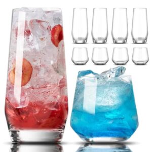 mfacoy drinking glasses set of 8-4 tall glass cups 18 oz & 4 short stemless wine glasses 13 oz, highball glasses, glassware sets for cocktail, beer, wine, whiskey, water & juice drinkware