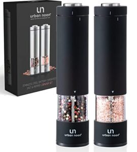electric salt and pepper grinder set - battery operated stainless steel mill with light (2 black mills) - automatic one handed operation - electronic adjustable shakers - ceramic grinders