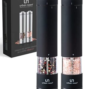 Electric Salt and Pepper Grinder Set - Battery Operated Stainless Steel Mill with Light (2 Black Mills) - Automatic One Handed Operation - Electronic Adjustable Shakers - Ceramic Grinders