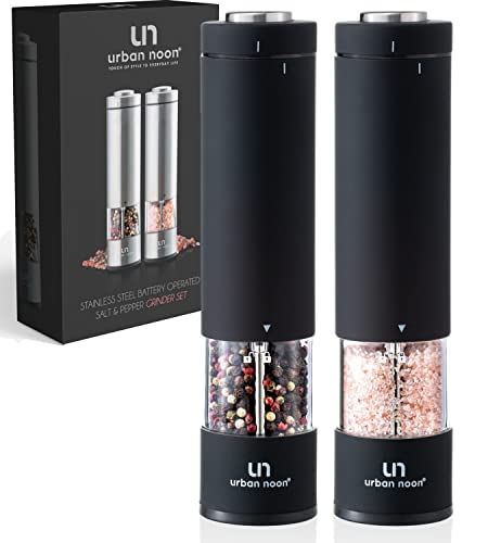 Electric Salt and Pepper Grinder Set - Battery Operated Stainless Steel Mill with Light (2 Black Mills) - Automatic One Handed Operation - Electronic Adjustable Shakers - Ceramic Grinders