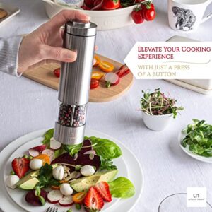 Electric Salt and Pepper Grinder Set - Battery Operated Stainless Steel Mill with Light (2 Black Mills) - Automatic One Handed Operation - Electronic Adjustable Shakers - Ceramic Grinders