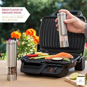 Electric Salt and Pepper Grinder Set - Battery Operated Stainless Steel Mill with Light (2 Black Mills) - Automatic One Handed Operation - Electronic Adjustable Shakers - Ceramic Grinders