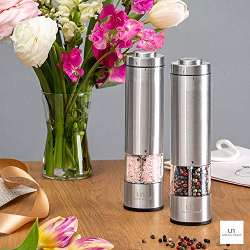 Electric Salt and Pepper Grinder Set - Battery Operated Stainless Steel Mill with Light (2 Black Mills) - Automatic One Handed Operation - Electronic Adjustable Shakers - Ceramic Grinders