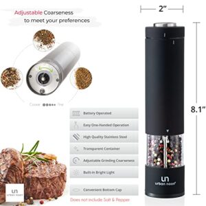 Electric Salt and Pepper Grinder Set - Battery Operated Stainless Steel Mill with Light (2 Black Mills) - Automatic One Handed Operation - Electronic Adjustable Shakers - Ceramic Grinders