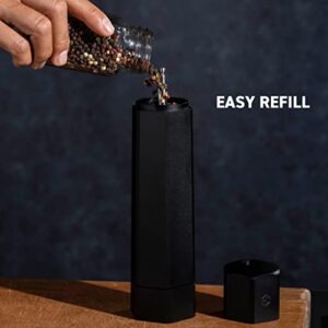 HexClad Cookware Professional Grade Heavy Duty Pepper Grinder Mill with Refillable Black Aluminum Mono-Chrome Pepper Mill and Adjustable Coarseness