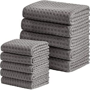 vnoss waffle weave microfiber kitchen towels and dishcloths set, 26 x 18 inch and 12 x 12 inch, set of 10 gray lint free dish towels for drying dishes