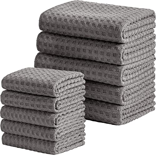 Vnoss Waffle Weave Microfiber Kitchen Towels and Dishcloths Set, 26 X 18 Inch and 12 X 12 Inch, Set of 10 Gray Lint Free Dish Towels for Drying Dishes