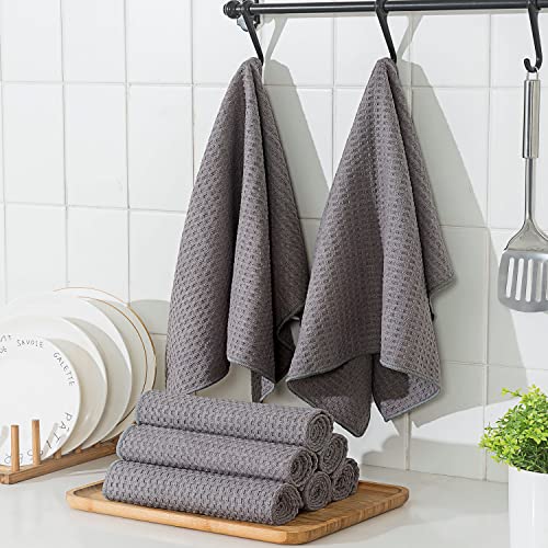 Vnoss Waffle Weave Microfiber Kitchen Towels and Dishcloths Set, 26 X 18 Inch and 12 X 12 Inch, Set of 10 Gray Lint Free Dish Towels for Drying Dishes