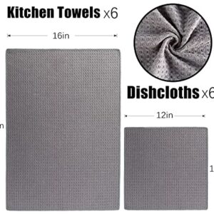 Vnoss Waffle Weave Microfiber Kitchen Towels and Dishcloths Set, 26 X 18 Inch and 12 X 12 Inch, Set of 10 Gray Lint Free Dish Towels for Drying Dishes