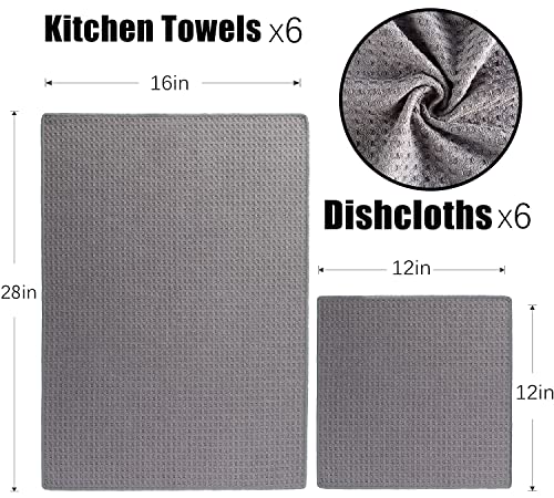 Vnoss Waffle Weave Microfiber Kitchen Towels and Dishcloths Set, 26 X 18 Inch and 12 X 12 Inch, Set of 10 Gray Lint Free Dish Towels for Drying Dishes