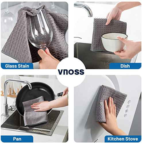 Vnoss Waffle Weave Microfiber Kitchen Towels and Dishcloths Set, 26 X 18 Inch and 12 X 12 Inch, Set of 10 Gray Lint Free Dish Towels for Drying Dishes