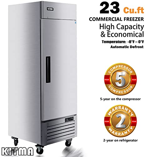 KITMA 28" Commercial Freezer, Single Door Stainless Steel Reach-in Freezer with 3 Adjustable Shelves for Restaurants, 23 Cu. Ft (-8°F – 0°F)
