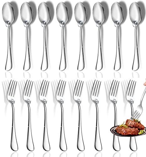 Spoons and Forks Set, Set of 16 Top Food Grade Stainless Steel Forks and Spoons Silverware Set,Kitchen Utensil Set of Forks (8 Inch) and Spoons (6.69 Inch) Cutlery Set, Mirror Finish & Dishwasher Safe