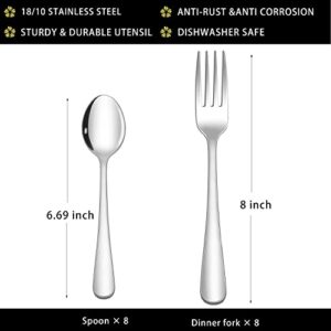 Spoons and Forks Set, Set of 16 Top Food Grade Stainless Steel Forks and Spoons Silverware Set,Kitchen Utensil Set of Forks (8 Inch) and Spoons (6.69 Inch) Cutlery Set, Mirror Finish & Dishwasher Safe