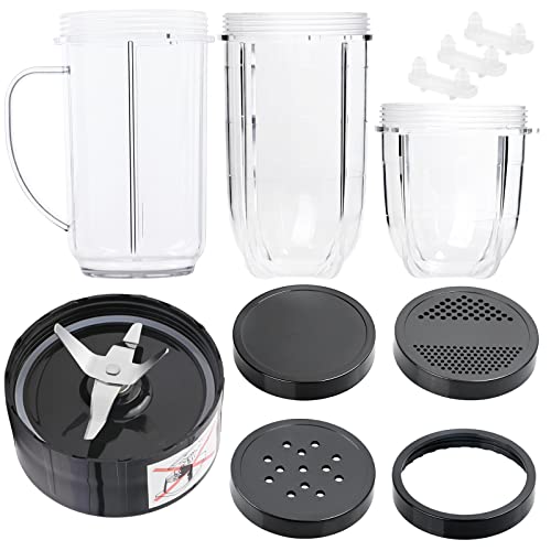11 PCS Blender Replacement Parts Cross Blade 16OZ Replacement Cup with Handle,12OZ Short Cup with Lip Ring and Stay-Fresh Lid Replacement Cups Compatible with Magic Bullet Blender Cups MB1001 Series