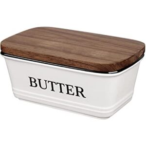 Butter Dish with Lid for Countertop - Large Ceramic Butter Container Holder with Acacia Wooden Lid for Counter - For Modern Kitchen Decor and Accessories - White