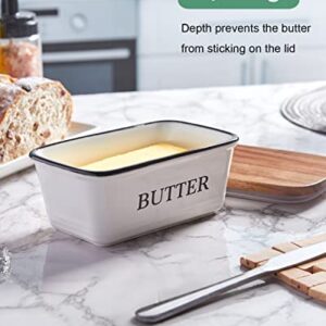 Butter Dish with Lid for Countertop - Large Ceramic Butter Container Holder with Acacia Wooden Lid for Counter - For Modern Kitchen Decor and Accessories - White