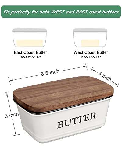 Butter Dish with Lid for Countertop - Large Ceramic Butter Container Holder with Acacia Wooden Lid for Counter - For Modern Kitchen Decor and Accessories - White