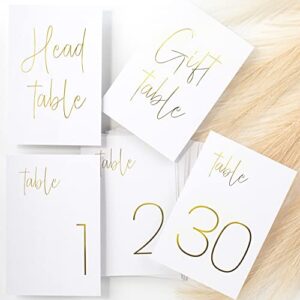 gorgeous gold wedding table numbers - modern double sided lettering with head table card - 4 x 6 inches and numbered 1-30 - perfect for weddings and events