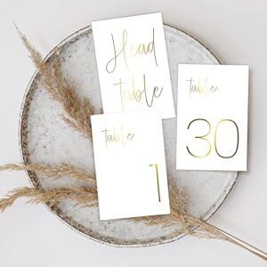 Gorgeous Gold Wedding Table Numbers - Modern Double Sided Lettering with Head Table Card - 4 x 6 inches and Numbered 1-30 - Perfect for Weddings and Events