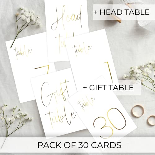 Gorgeous Gold Wedding Table Numbers - Modern Double Sided Lettering with Head Table Card - 4 x 6 inches and Numbered 1-30 - Perfect for Weddings and Events