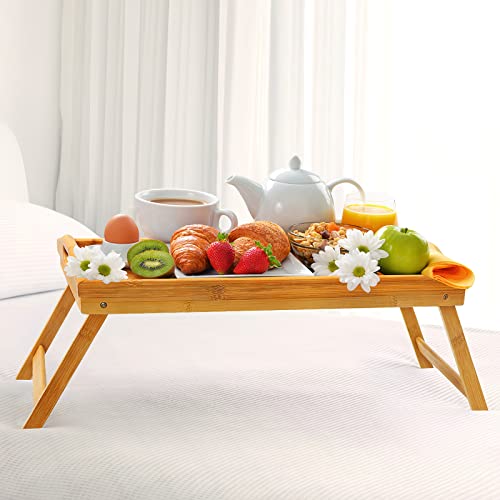 Bed Tray Table Breakfast Trays Serving Tray Bamboo Bed Laptap with Floding Legs Handles and Phone Holders