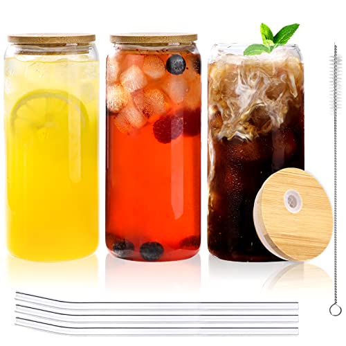 Moretoes 3 Pack 20oz Glass with Bamboo Lids and Glass Straw, Reusable Drinking Glasses Cups for Home Travel Office Coffee Tea Boba Juice Ice-cream