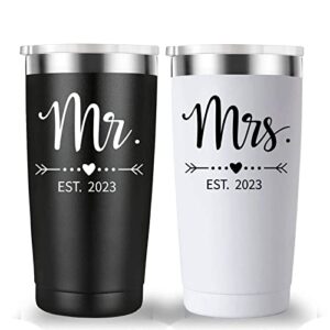 mamihlap mr and mrs est 2023 travel mug tumbler.newlyweds couples wife bride to be newly engaged bridal shower gifts.wedding tumbler idea for bridal showers engagement.(20oz black&white)