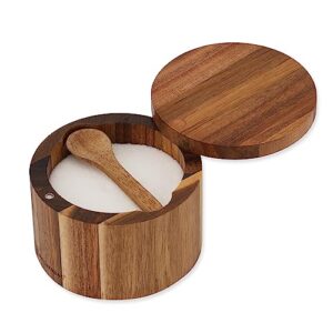 kitchendao acacia wood salt cellar bowl box with built-in spoon to avoid dust, elegant kitchen salt container holder with swivel magnetic lid to storage pepper spice bath salt sea salt, 6oz