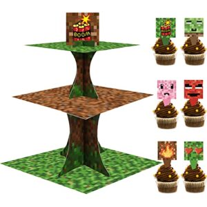 mini pixel cupcake stand 3 tier mining birthday party supplies with 24pcs cupcake toppers pixel gaming cupcake dessert holder for pixelated spiral miner crafting party decor supplies