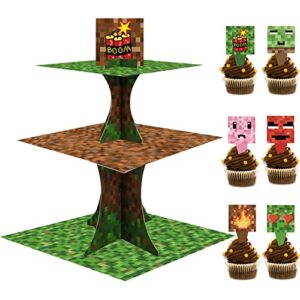 Mini Pixel Cupcake Stand 3 Tier Mining Birthday Party Supplies with 24pcs Cupcake Toppers Pixel Gaming Cupcake Dessert Holder for Pixelated Spiral Miner Crafting Party Decor Supplies