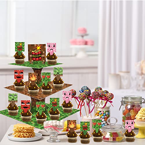 Mini Pixel Cupcake Stand 3 Tier Mining Birthday Party Supplies with 24pcs Cupcake Toppers Pixel Gaming Cupcake Dessert Holder for Pixelated Spiral Miner Crafting Party Decor Supplies